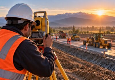 Ingeniero con estación total en obra vial