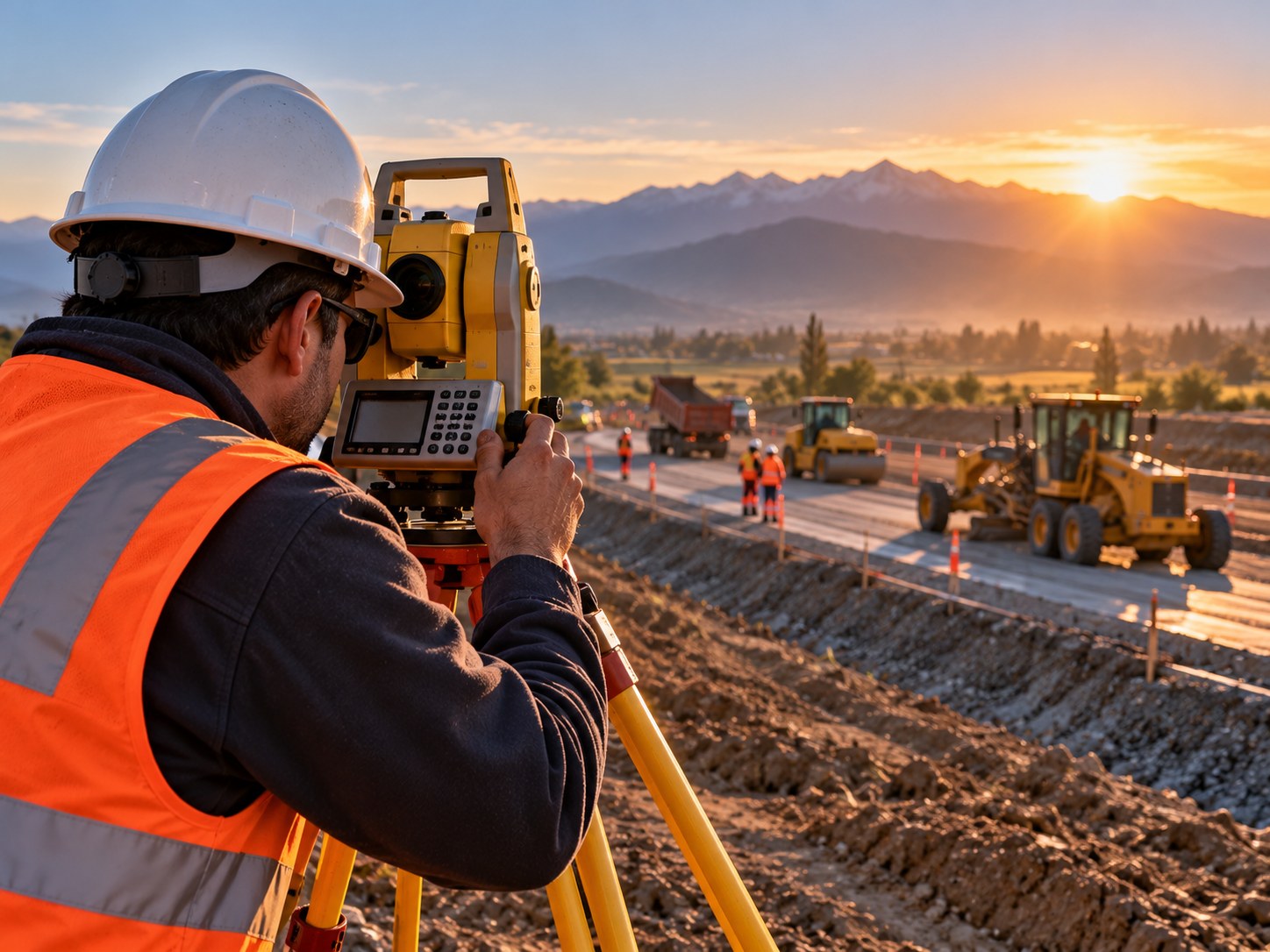 Ingeniero con estación total en obra vial